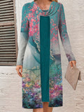 Damen Langarmkleid mit kunstvollem Blumenmuster