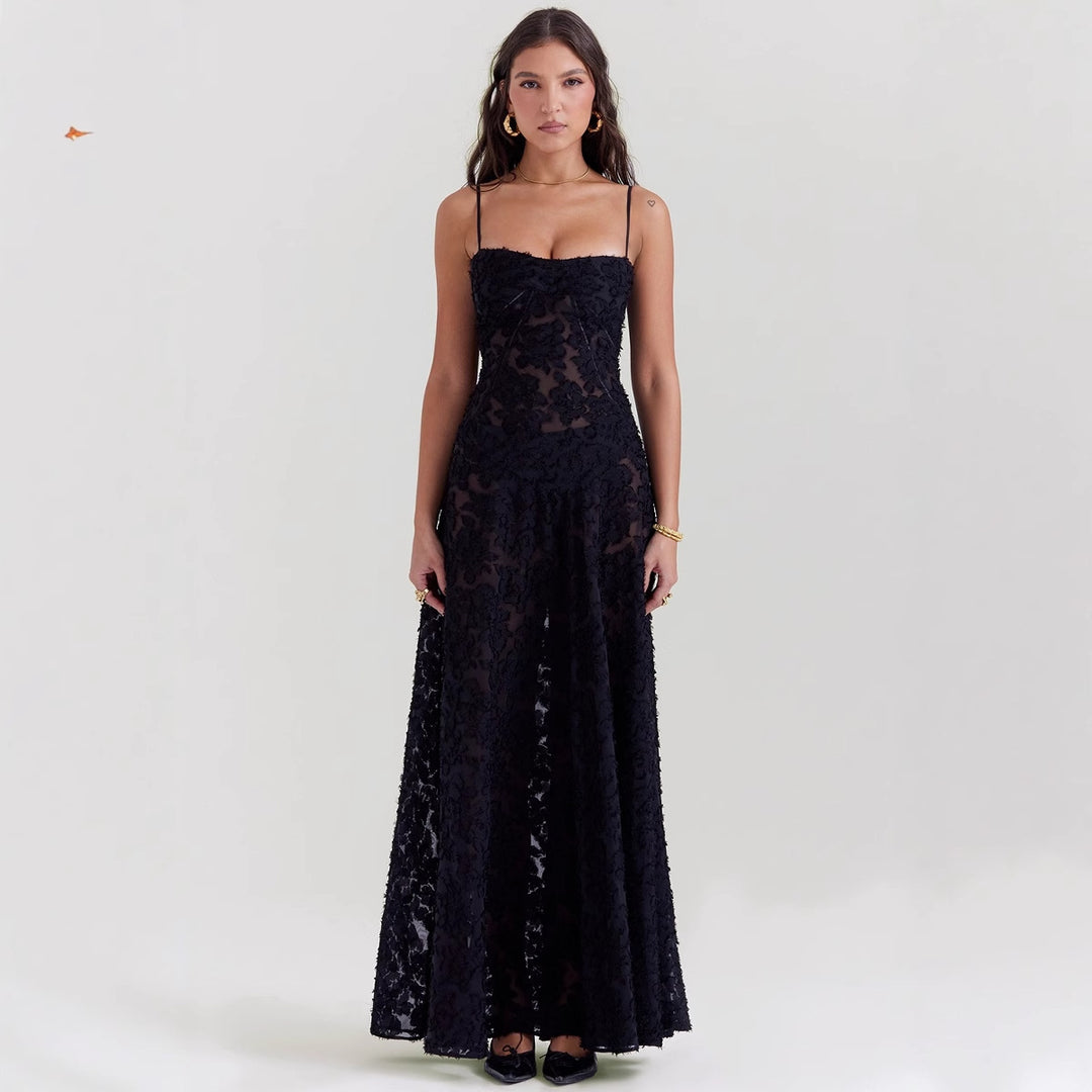 Damen Maxikleid mit dekorativem Spitzen-Oberteil und fließendem Rock R&B