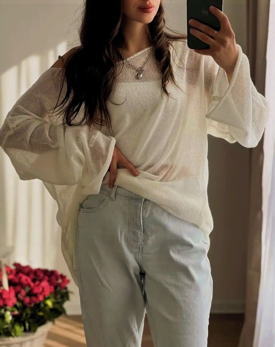Damen luftiger Oversize-Strickpullover mit weitem Schnitt und transparentem GewR&Be R&B