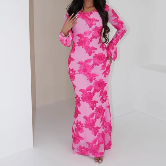 Damen Elegantes Maxikleid mit transparenter Spitze und floralen Applikationen R&B