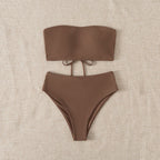 Damen Bandeau-Bikini mit hohem Taillenbund und verstellbaren Bindändern