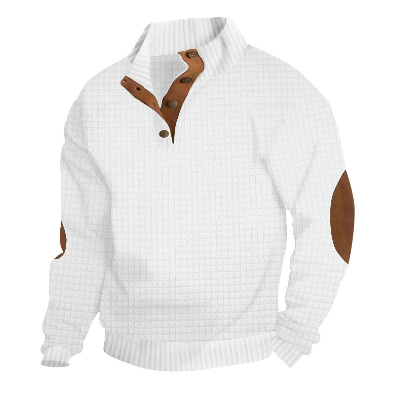 Herren nan waffelstruktur-Troyer mit Stehkragen Druckknopf-Leiste und Nappaleder-Ellenbogenpatches R&B