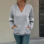 Damen Kapuzenpullover mit V-Ausschnitt und seitlichen Streifen