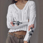 Damen Strickpullover mit floralem Design und V-Ausschnitt