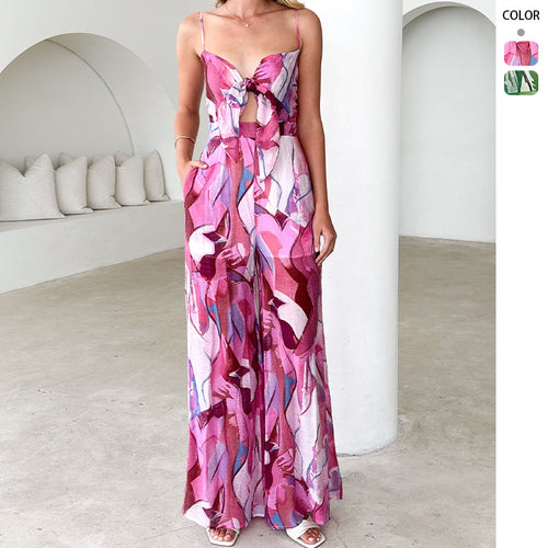Damen Eleganter Jumpsuit mit floralem Design und verstellbaren Spaghettiträgern R&B