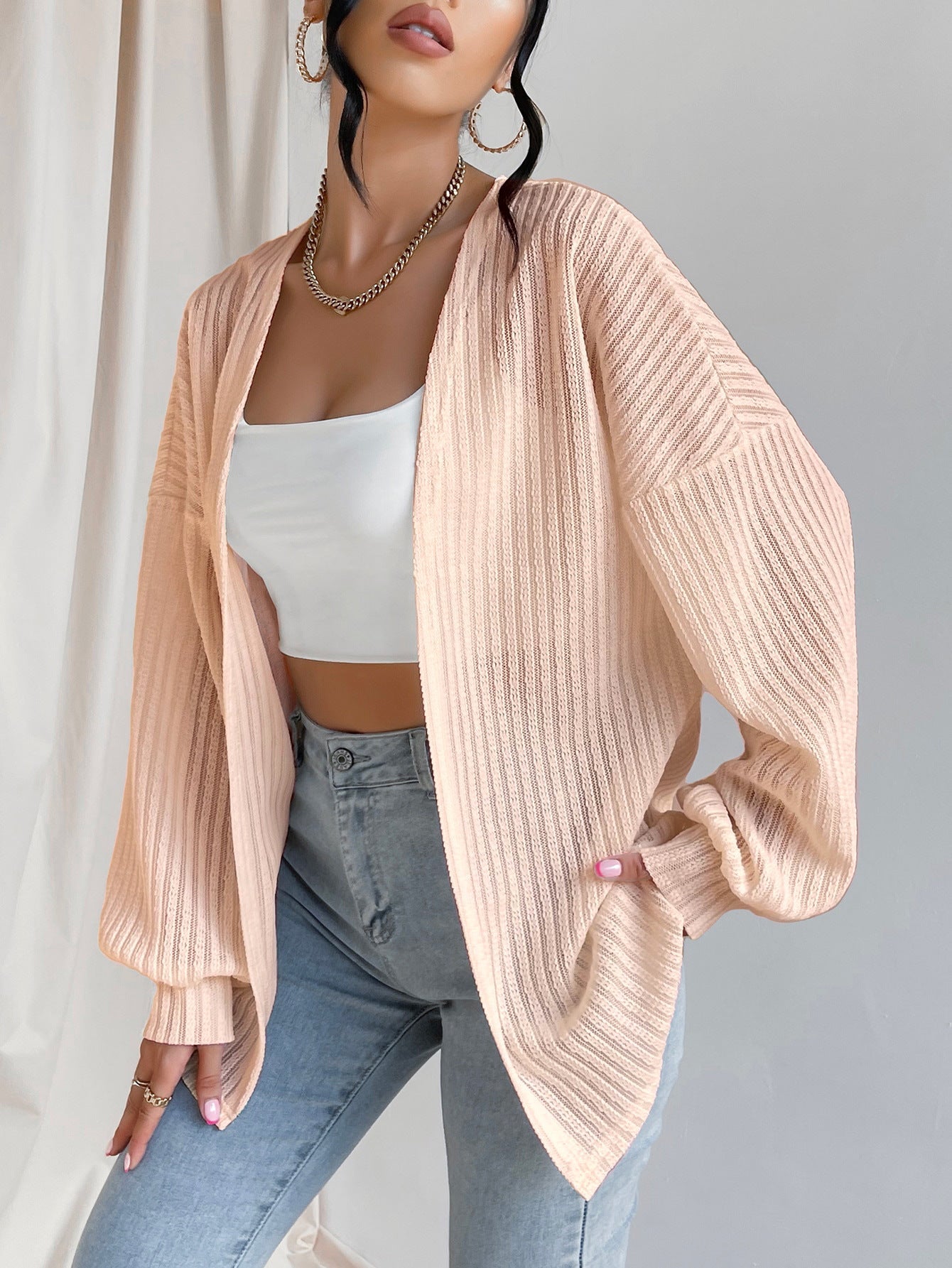 Damen Lässige Strickjacke mit weit geschnittenen Ärmeln und Rippenstruktur R&B