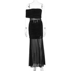 Damen Off-Shoulder Maxikleid mit transparenten Elemente und Raffung R&B