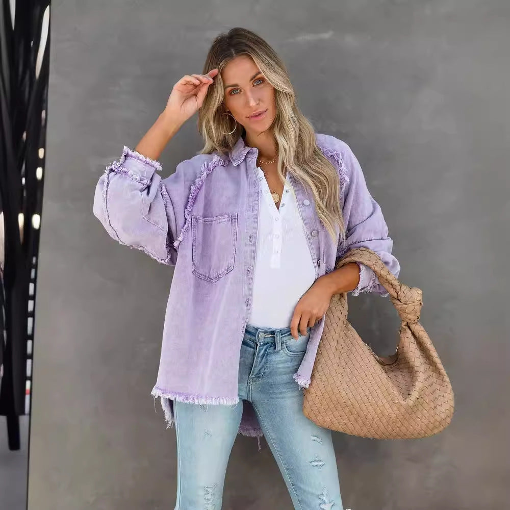 Damen Lässige und stylische Jeansbluse mit Fransen R&B