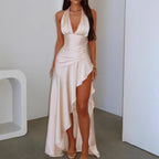 Damen elegantes Wickelkleid mit asymmetrischem Schnitt und Halterhals R&B