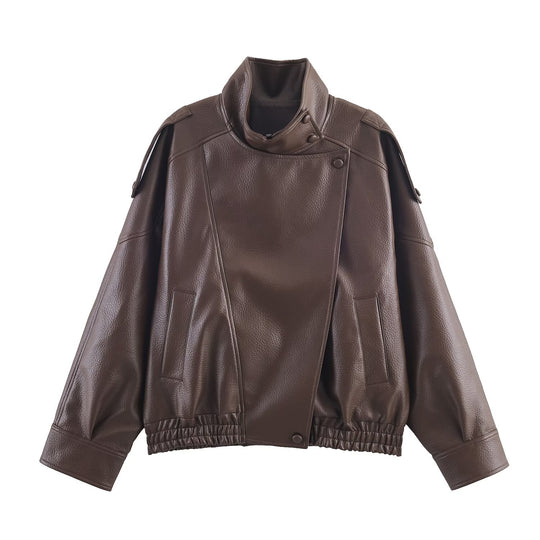 Damen Kunstlederjacke im modernen Design mit hochgeschlossenem Kragen und praktischen Taschen R&B