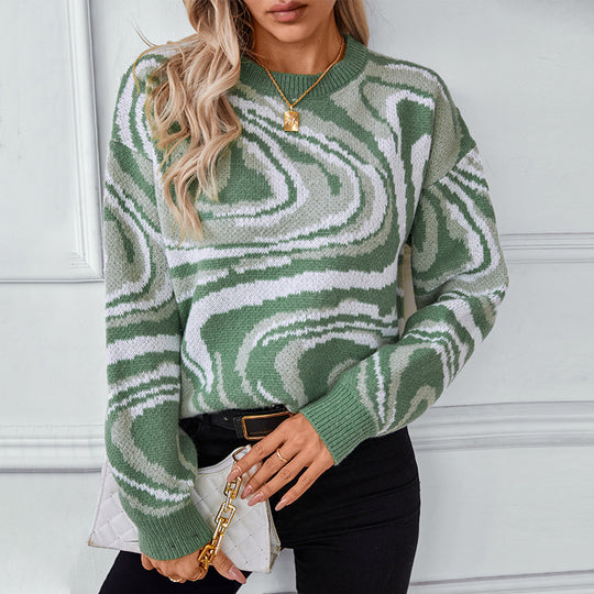 Damen gemusterter Strickpullover mit modernem Wellenmuster und Rundhalsausschnitt R&B
