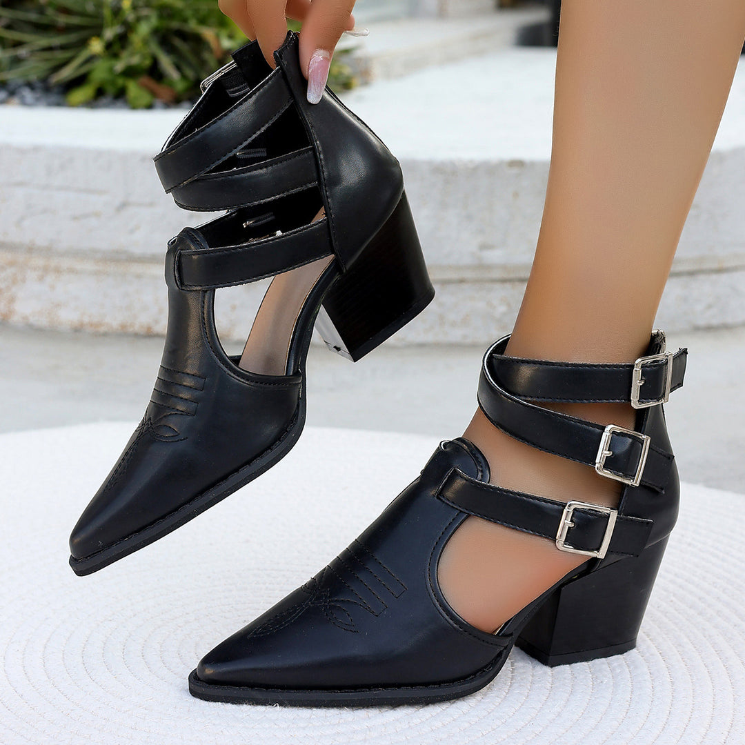Damen High Heel Stiefeletten mit einzigartigen Riemen und verziertem Absatz R&B