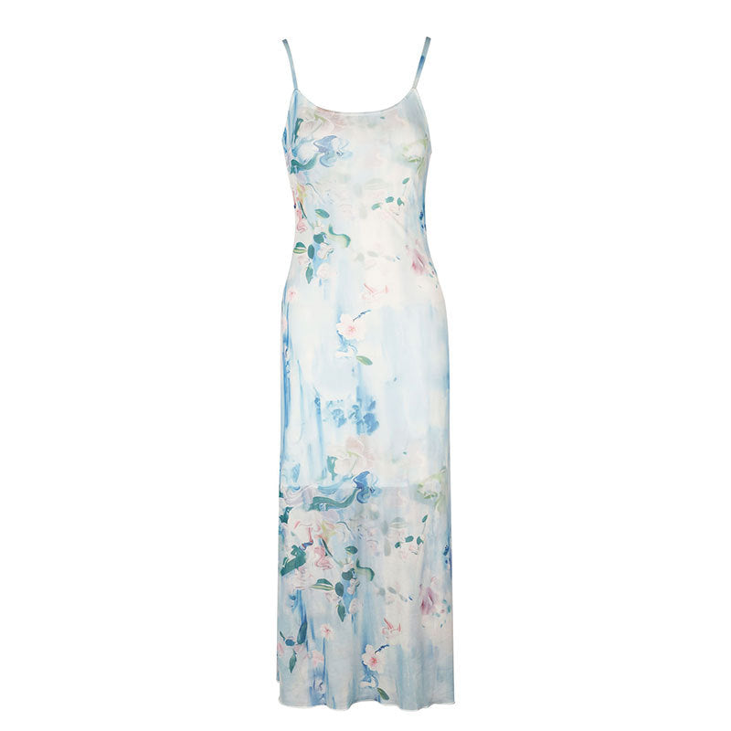 Damen fließendes Maxikleid mit Spaghettiträgern und floralem Druck R&B
