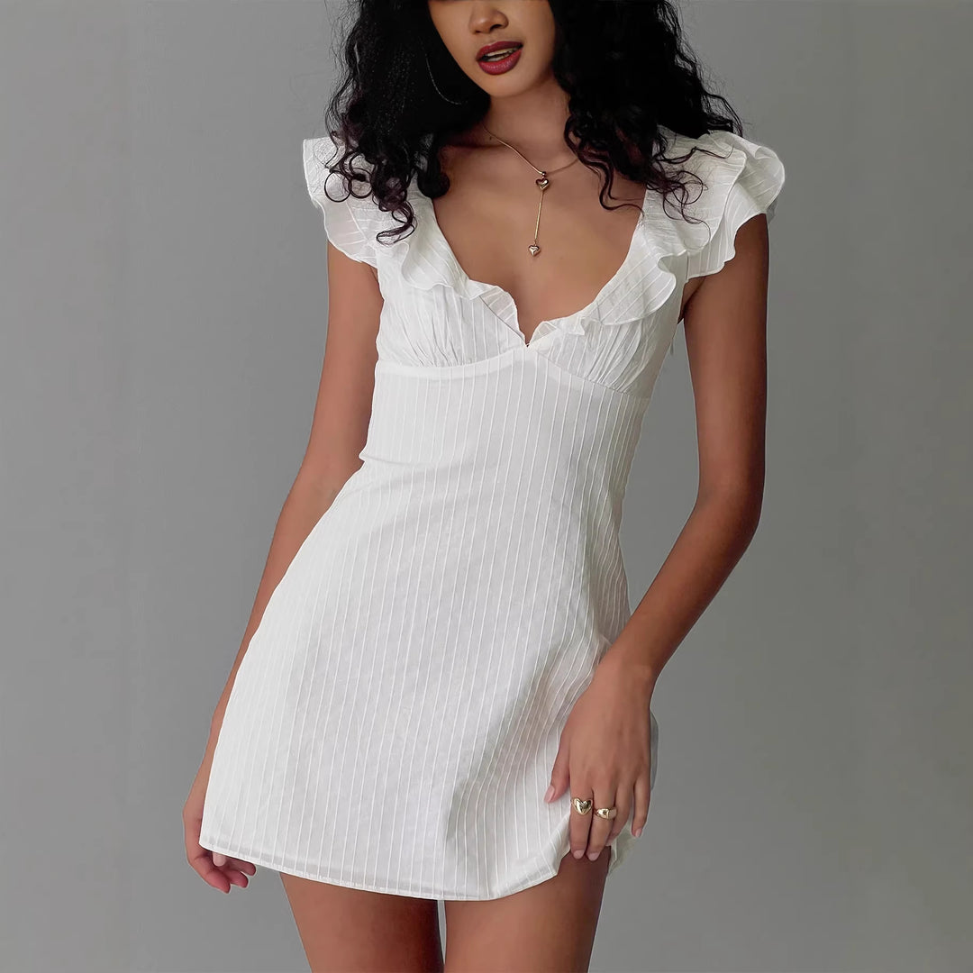 Damen Mini-Kleid mit Rüschenausschnitt und figurbetontem Schnitt R&B