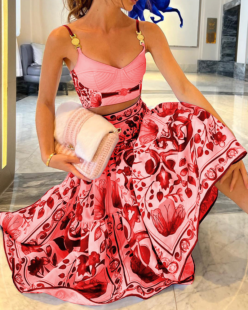 Damen Zweiteiliges Kleidungsset mit floralem Design und modischem Bustier R&B
