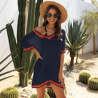 Damen luftiger Kaftan mit buntem Häkelbesatz R&B