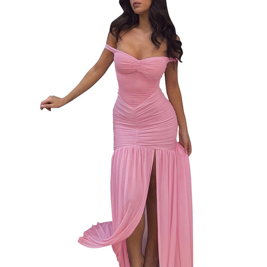 Damen elegantes Maxikleid mit Off-Shoulder-Design und raffinierten Raffungselementen R&B