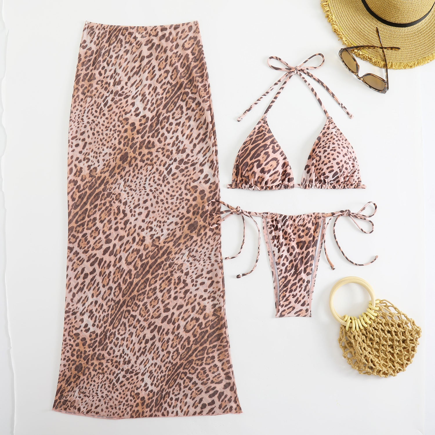 Damen Triangel-Bikini-Set mit transparentem Wickelrock und animalischem Print R&B