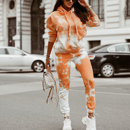 Damen lässiges Kapuzen-Sweatpants-Set im Batikdesign R&B
