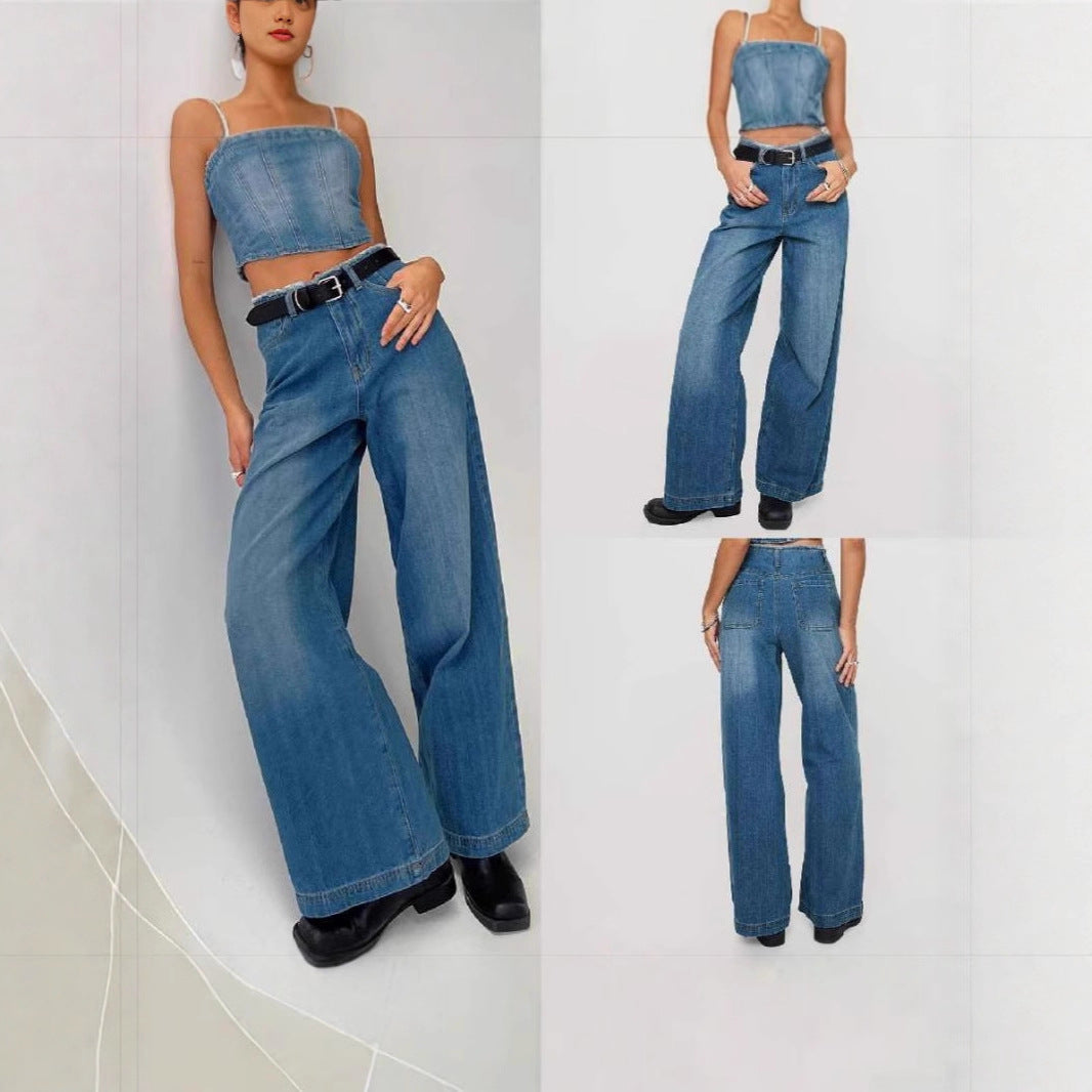 Damen Weite High-Waist Jeans mit fransigem Saum
