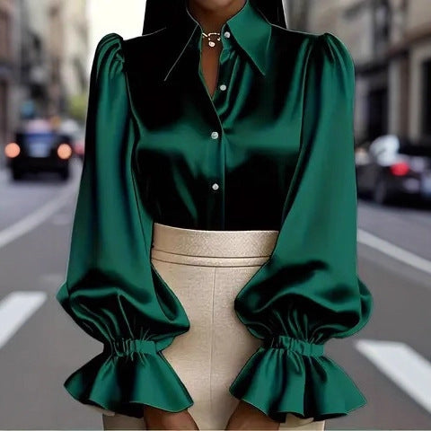 Damen elegante Seidenbluse mit Puffärmeln und schicker Knopfleiste R&B