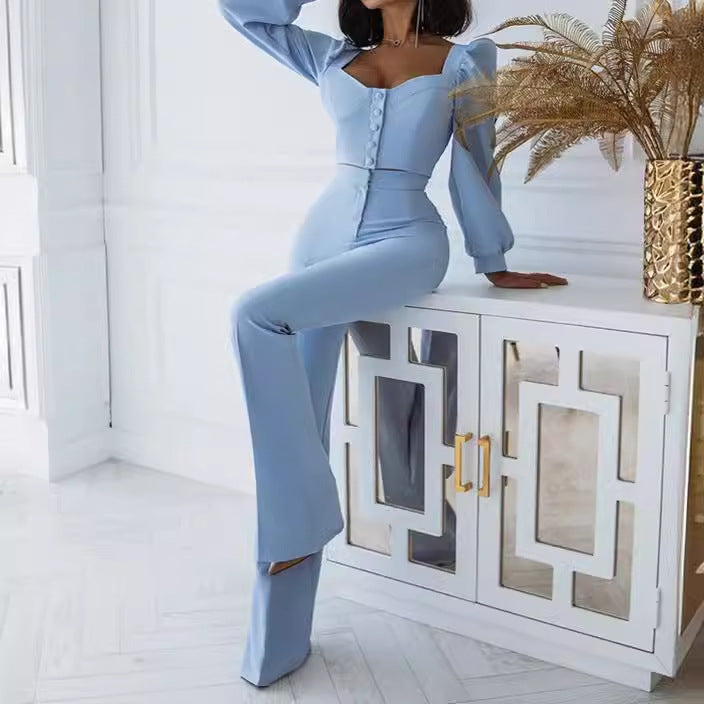Damen Hochwertiges Crop-Top mit Puffärmeln und Knopfdetails R&B