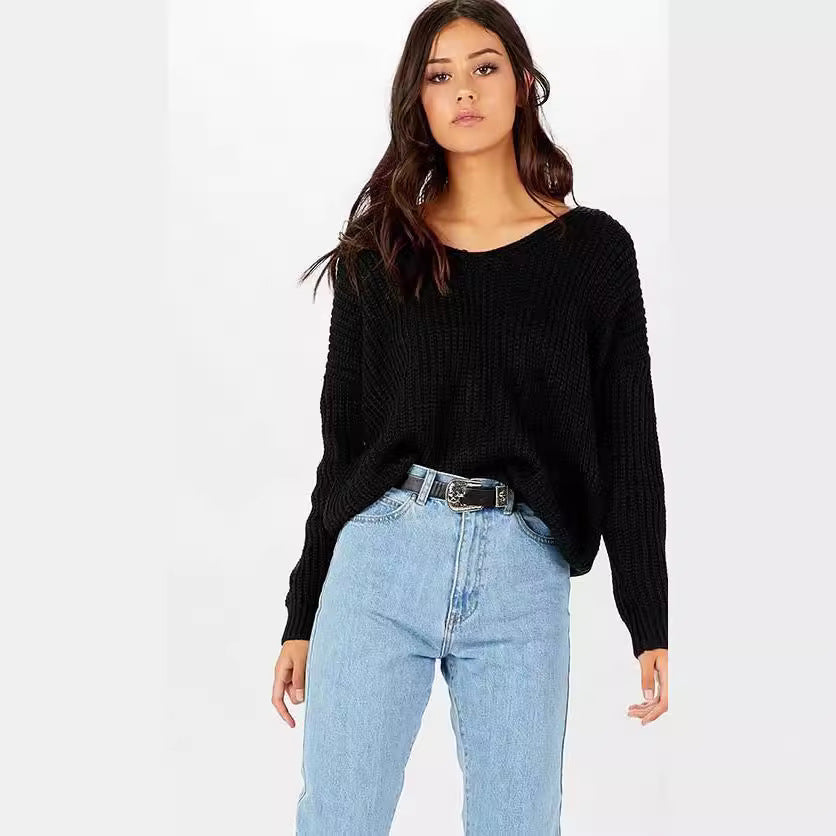 Damen lässiger Strickpullover mit dekorativem Rückenausschnitt und Kordelzug R&B