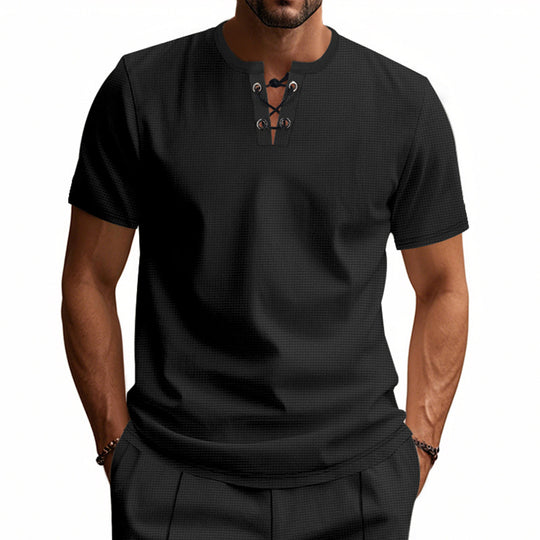 Herren nan Kurzarmshirt mit Schnürung am Ausschnitt und Waffelstruktur R&B