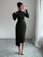 Damen nan figurbetontes Midikleid mit Stehkragen, Taillenraffung und asymmetrischem Saum R&B