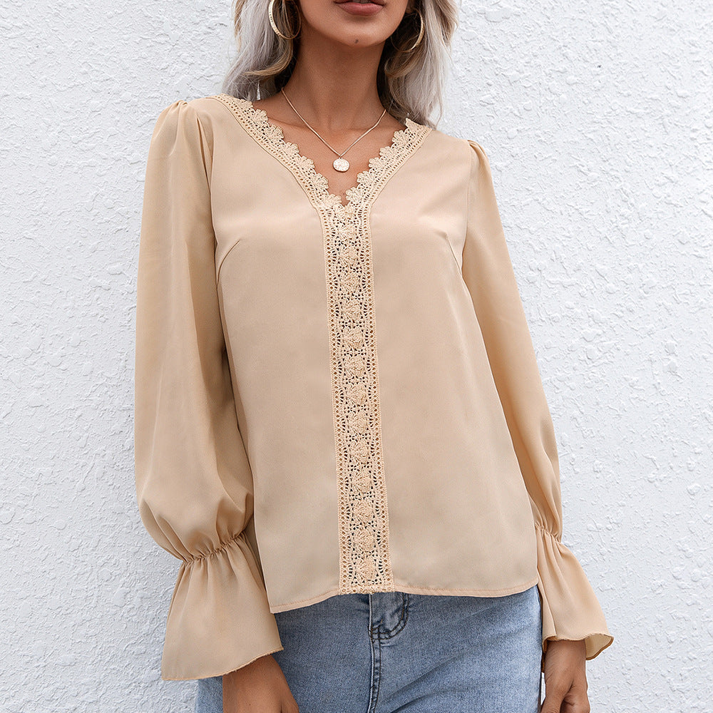 Damen elegante Bluse mit Spitzendetails und Volantärmeln R&B