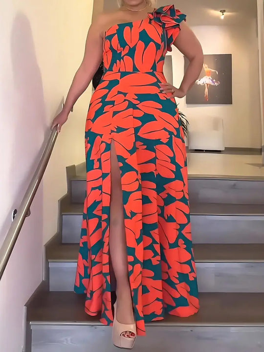 Damen Maxikleid mit asymmetrischen Rüschen und hohem Schlitz R&B