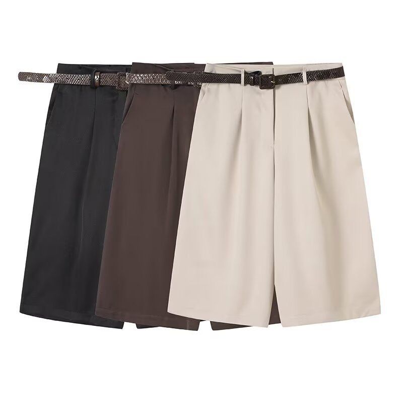 Damen elegante Hochwasser-Shorts mit geflochtenem Gürtel R&B