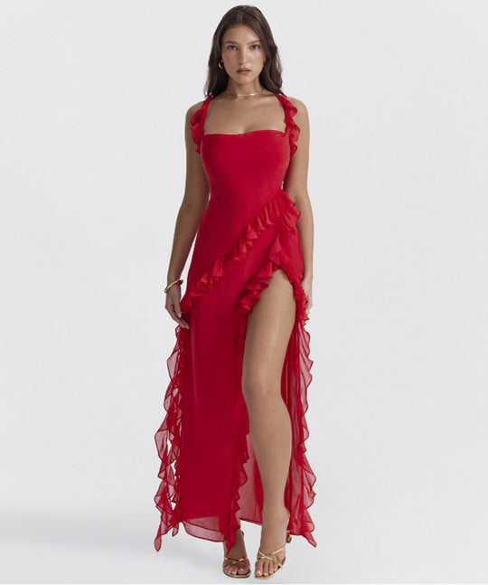 Damen nan langes Abendkleid mit quadratischem Ausschnitt, Schulter-Rüschenträgern und hoher Beinschlitze R&B