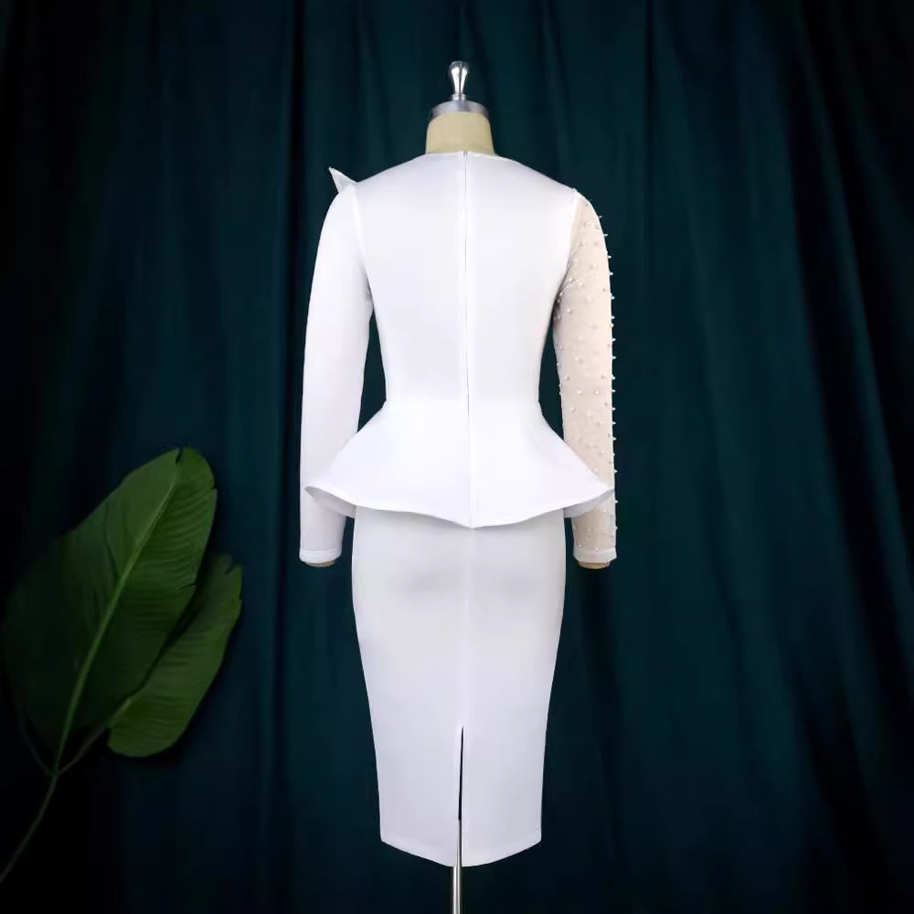 Damen Etuikleid mit transparenten Puffärmeln und dekorativem Peplum R&B