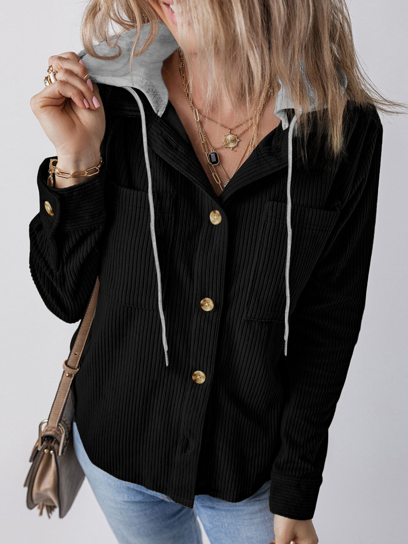 Damen Strukturierte Hemdjacke mit Kapuze und praktischen Taschen R&B