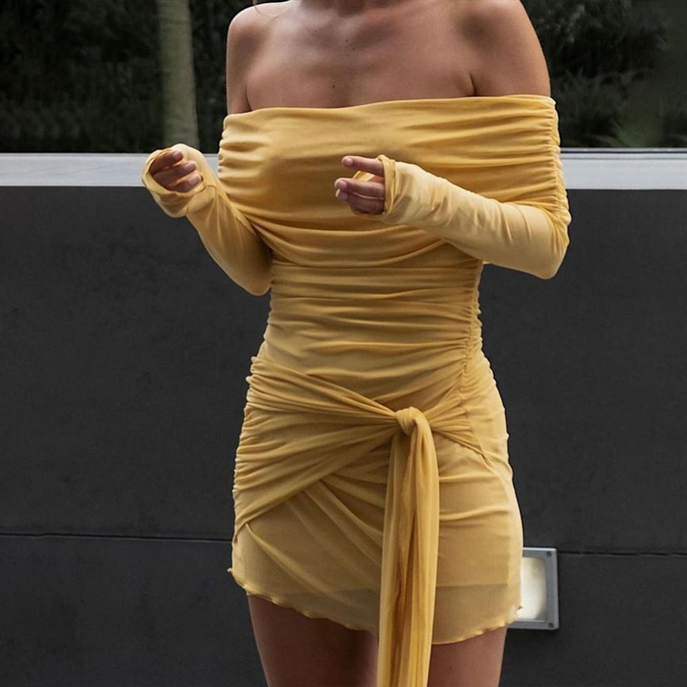 Damen Off-Shoulder Minikleid mit Drapierung und transparenten Ärmeln R&B