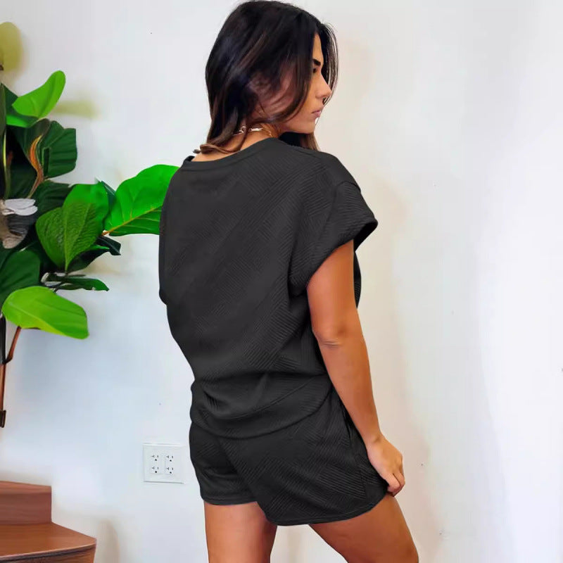 Damen gemütliches Freizeit-Set mit strukturiertem Oberteil und Shorts R&B