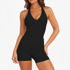 Damen Sportlicher Einteiler mit Wickeldesign und tiefem V-Ausschnitt R&B