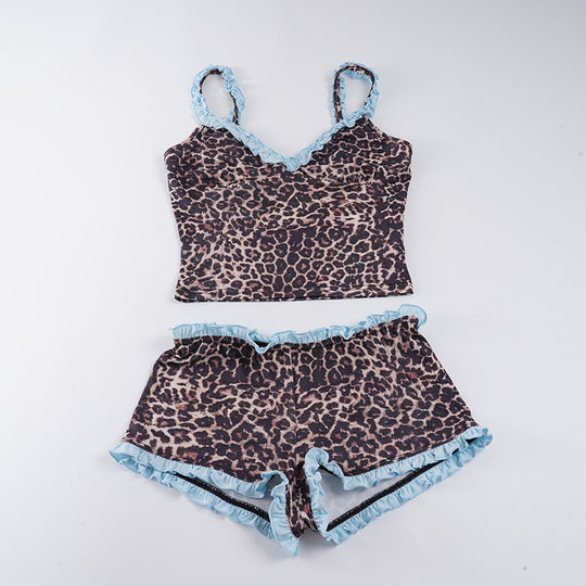 Damen Pyjama-Set mit verspieltem Leopardenmuster und Rüschendetails R&B