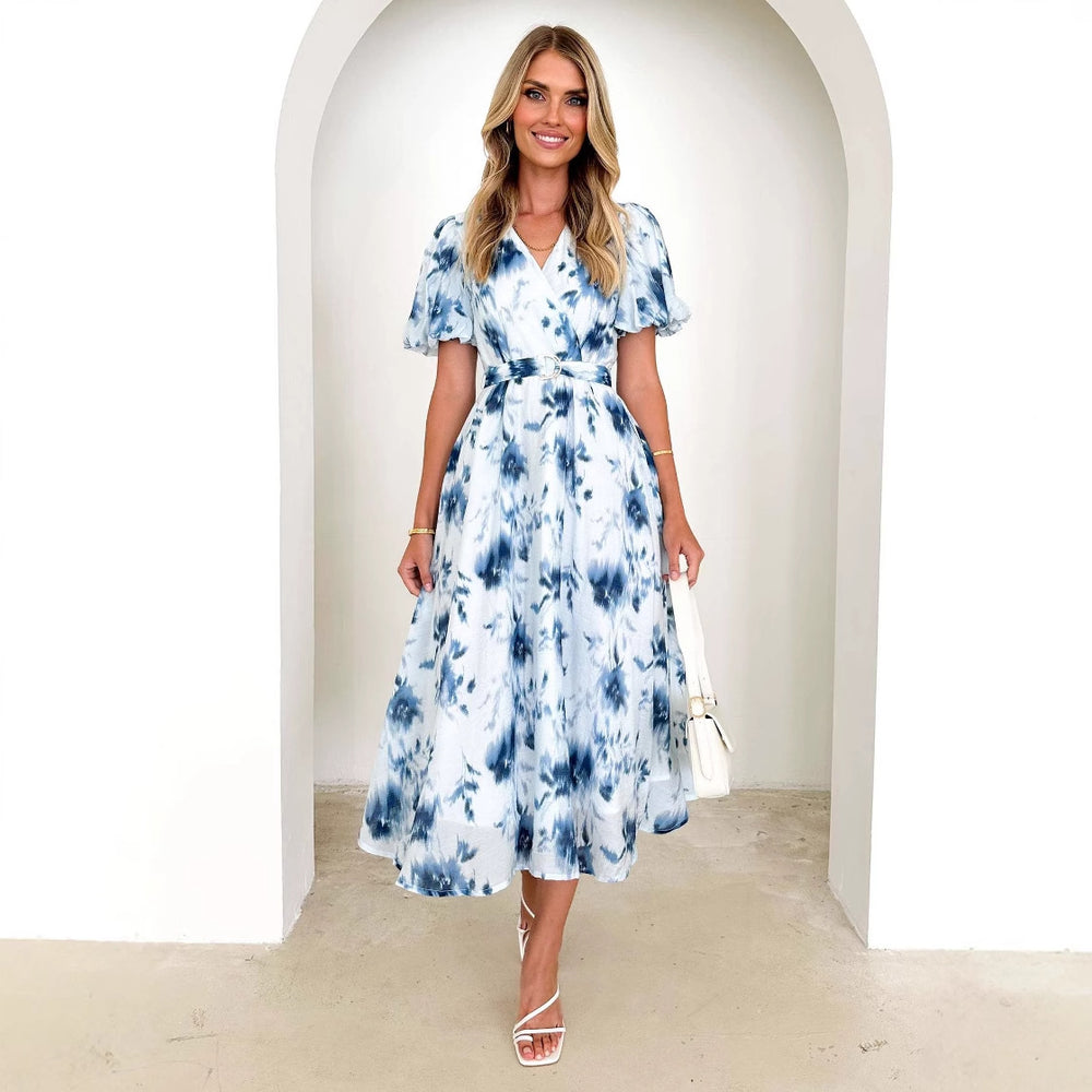Damen Maxi-Kleid im lässigen Wickelstil mit voluminösen Ärmeln und Taillengürtel R&B
