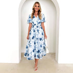 Damen Maxi-Kleid im lässigen Wickelstil mit voluminösen Ärmeln und Taillengürtel R&B