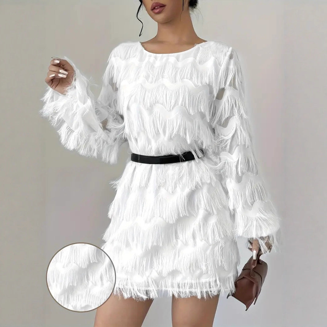 Damen Kleid mit Wellenmuster und voluminösen Fransen R&B