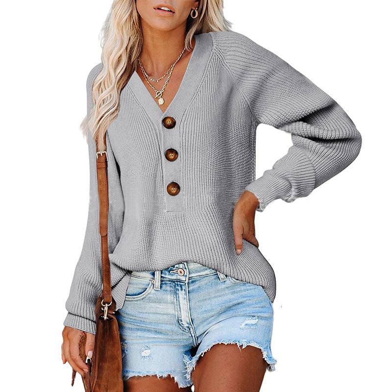 Damen Strickpullover mit V-Ausschnitt und Knopfdetails R&B