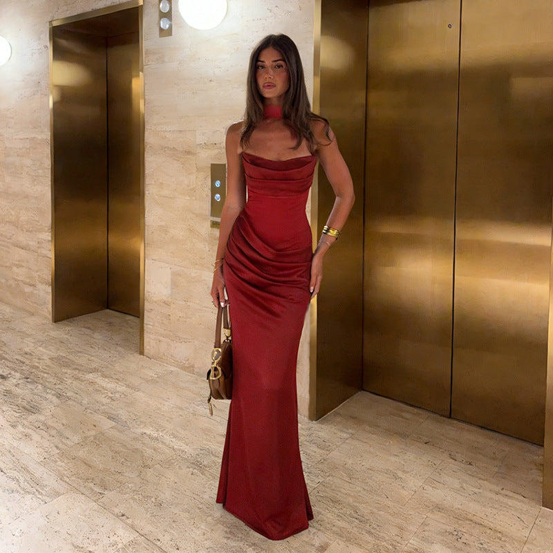 Damen elegantes Maxikleid mit raffiniertem Wasserfallausschnitt und figurbetontem Schnitt R&B