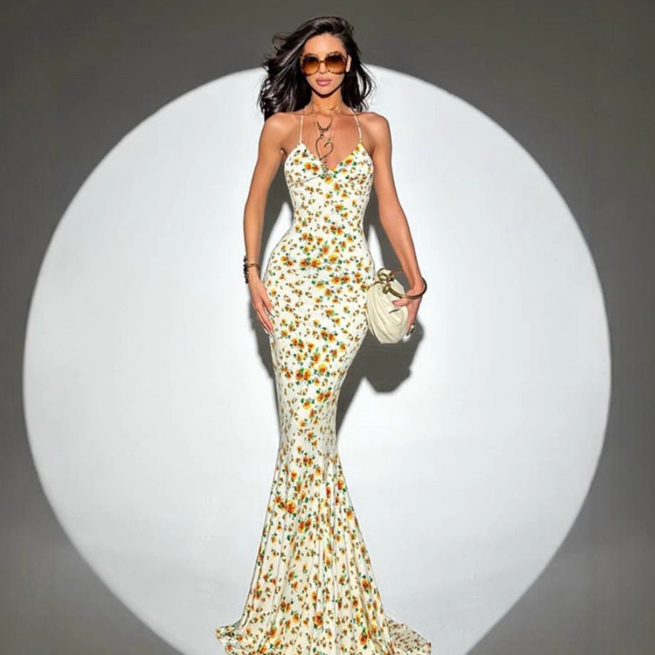 Damen figurbetontes Blumen-Maxikleid mit Spaghettiträgern und elegantem Schnitt R&B