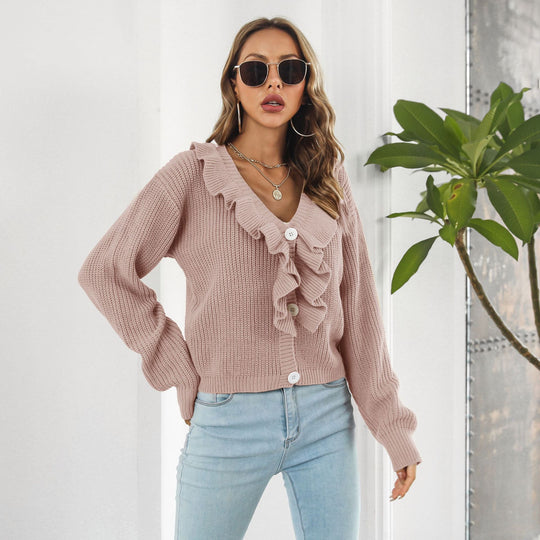 Damen Strickjacke mit Rüschendetails und knöpfbarem Frontverschluss R&B