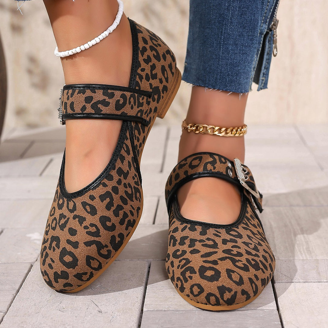 Damen Mary Jane Ballerinas mit modischem Leopardenmuster und bequemer Schnalle R&B