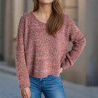 Damen lässiger V-Ausschnitt Pullover mit strukturiertem Maschenmuster R&B