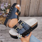 Damen Komfortable Wedge-Pantoletten mit verstellbarem Riemendesign und dekorativen Schnallen R&B