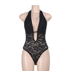 Damen verführerischer Neckholder-Badeanzug mit transparenten Spitzeinsätzen R&B
